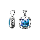 Handmade Blue Topaz Quartz cushion pendant in sterling silver with Balinese beaded artistry.